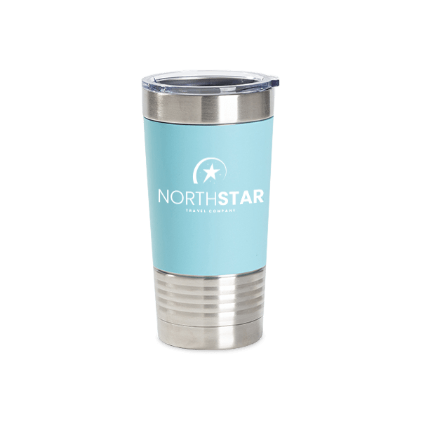 Light blue silicone sleeve tumbler with NorthStar logo engraved