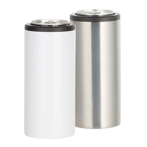 12oz stainless steel skinny can cooler in white and silver
