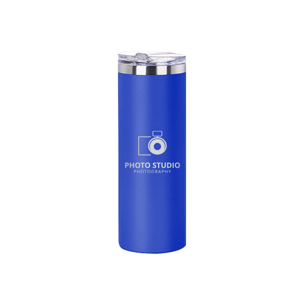 blue skinny tumbler with photo studio logo