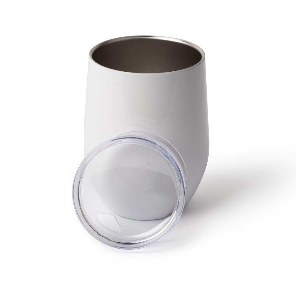 white 12oz stemless wine glass with lid