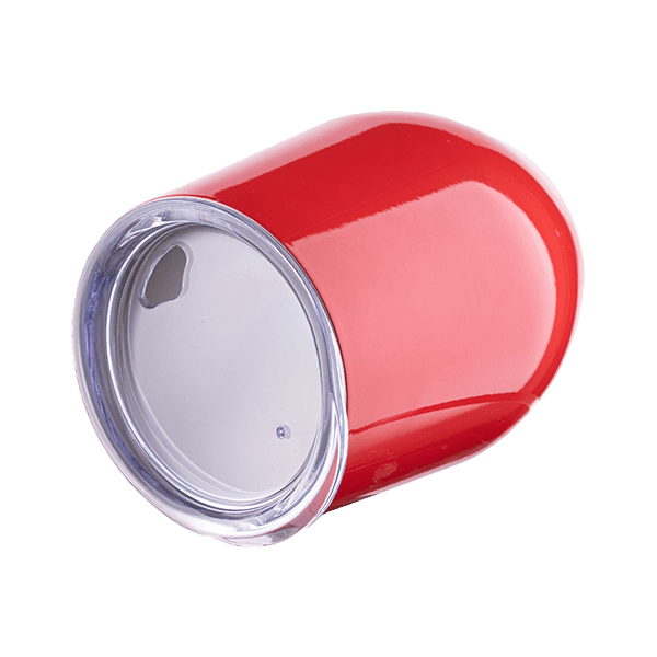 red 12oz stemless wine glass with lid top view
