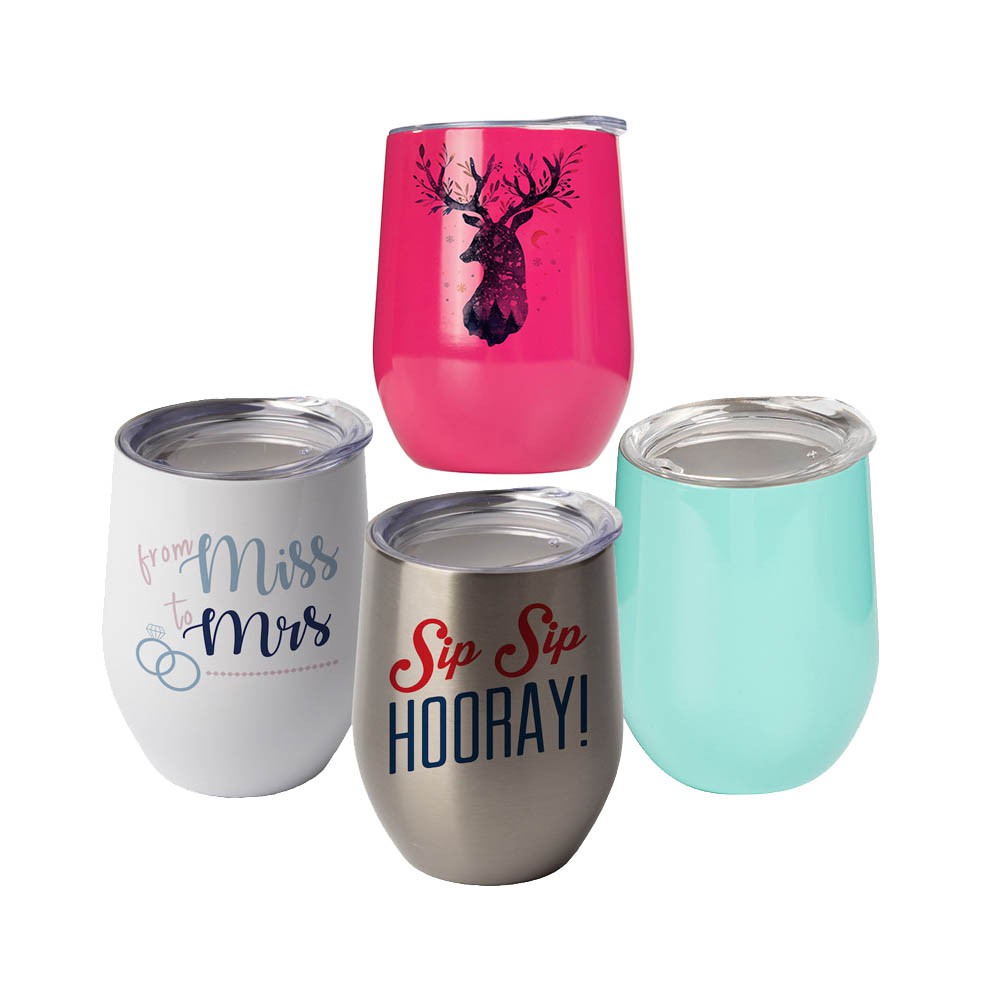 variety of 12oz stemless wine glasses with lids