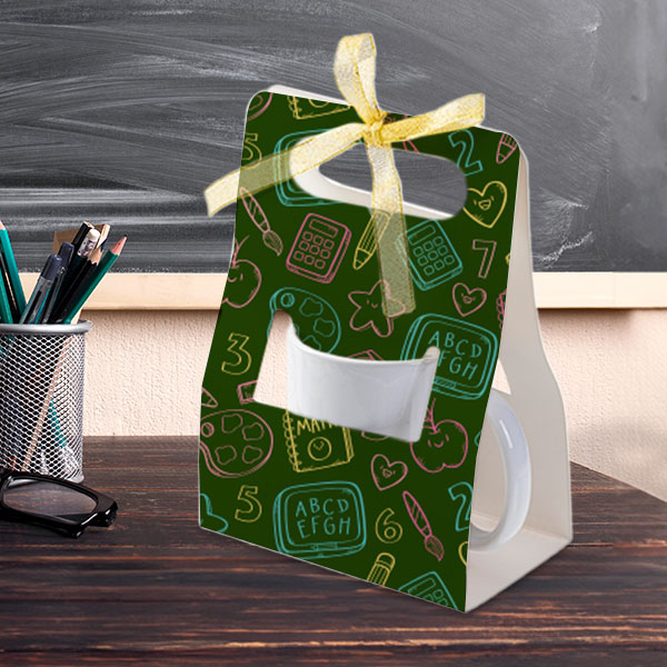 Mug in gift box sitting on desk