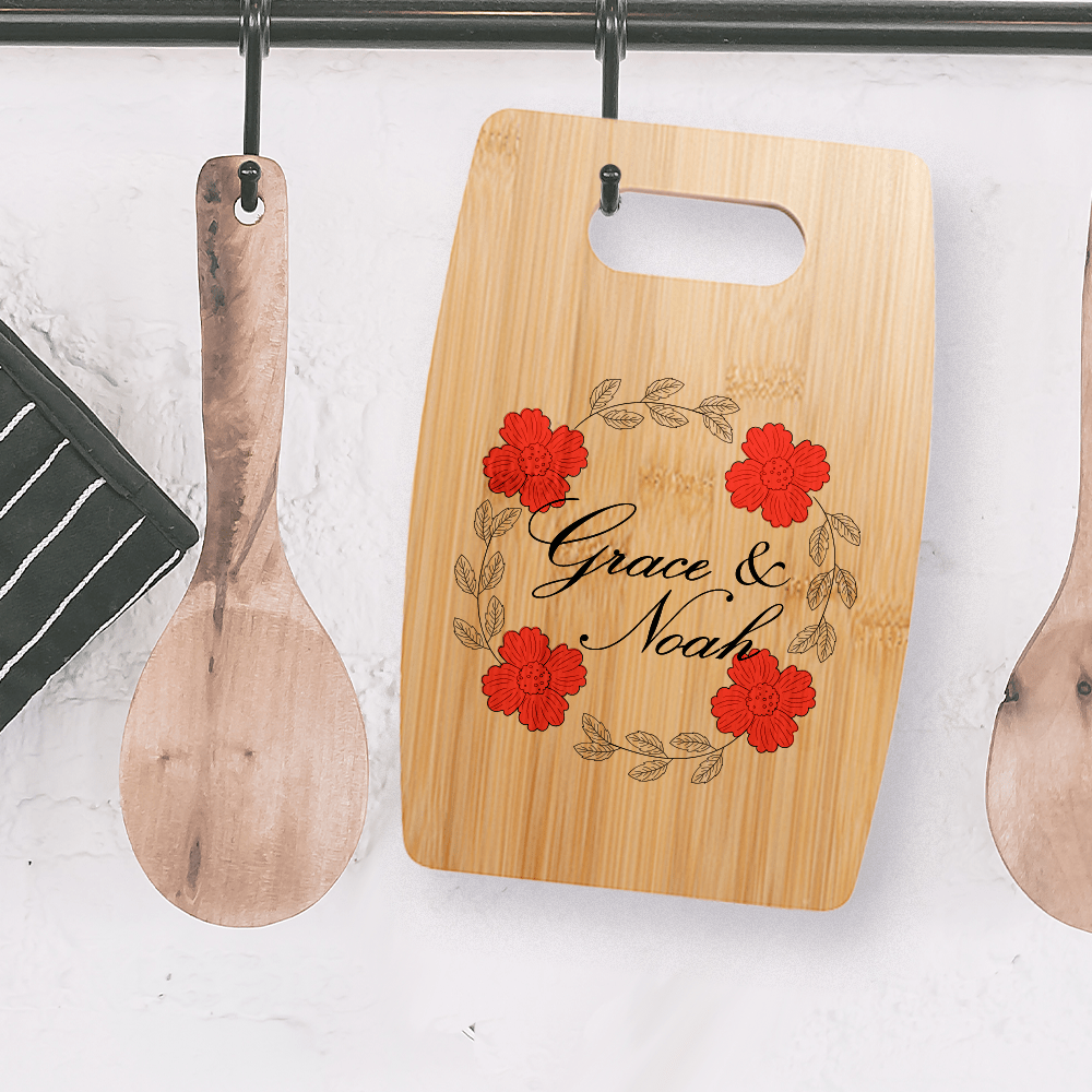 Bamboo cutting board with Grace & Noah design sublimated