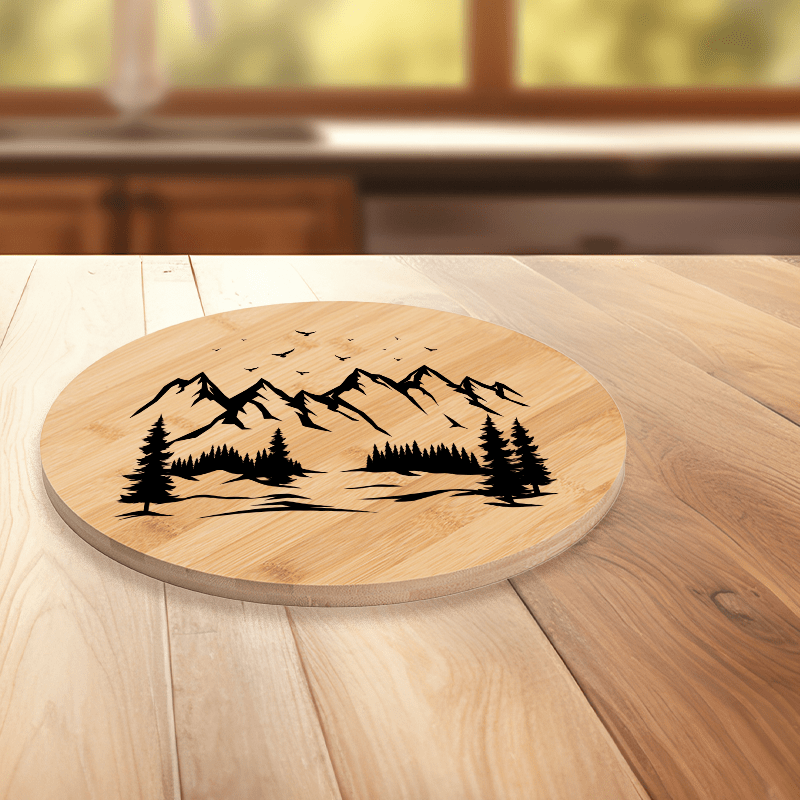 Round Bamboo Cutting Board with mountain design