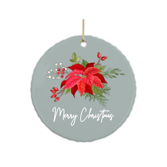 Round wavy edge ornament with Merry Christmas poinsettia design