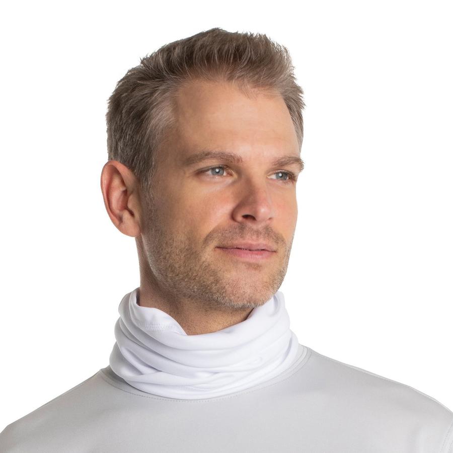 Man wearing white gaiter around neck