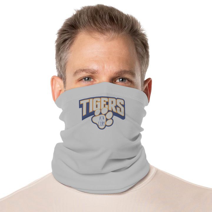 Man wearing grey gaiter with Tigers logo sublimated