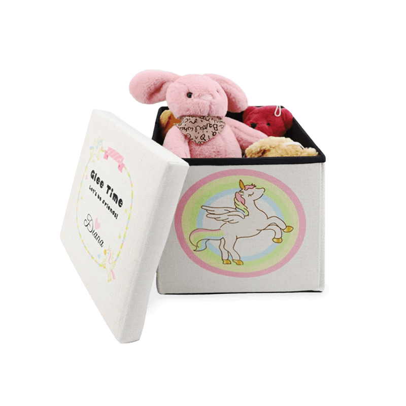Personalized storage cube with stuffed animals