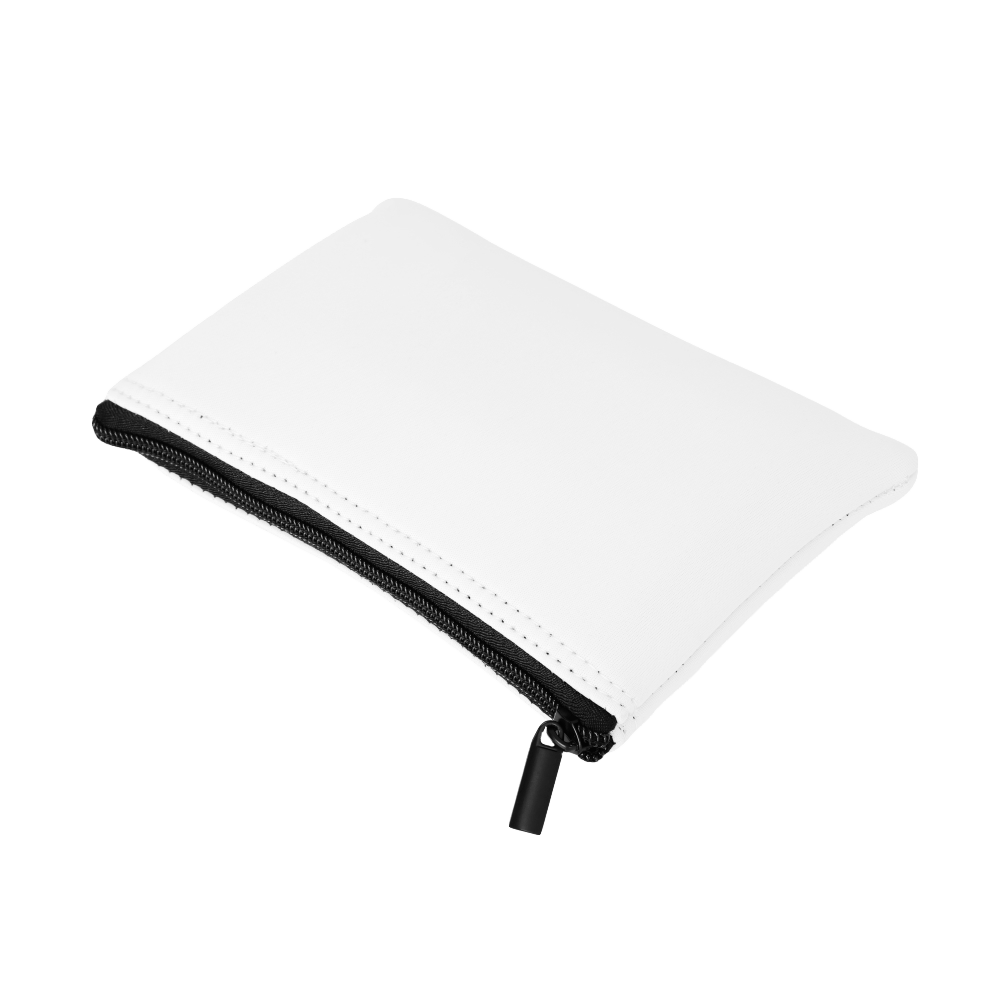  White pouch with black zipper  laying flat