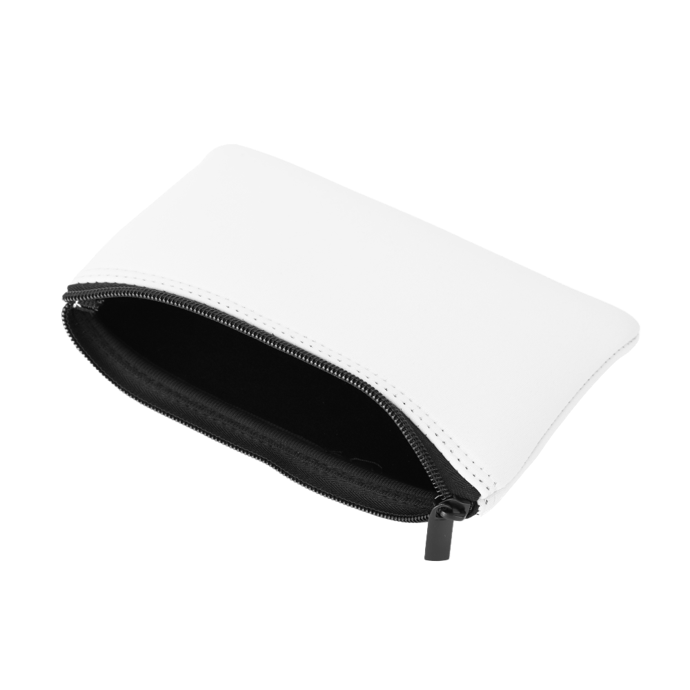  White pouch with black zipper open 