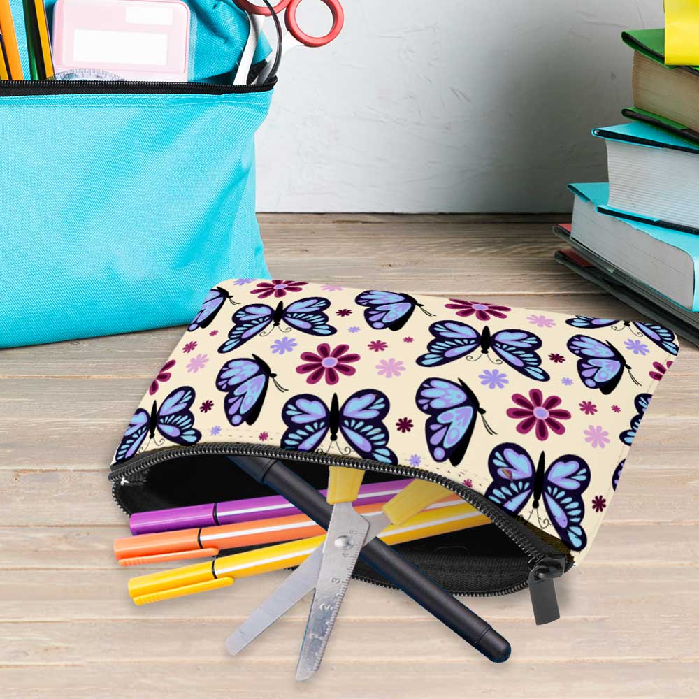 Pouch with butterfly design holding school supplies on desk