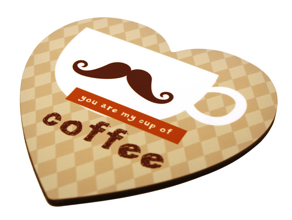 Heart shaped hardboard coaster with coffee design sublimated