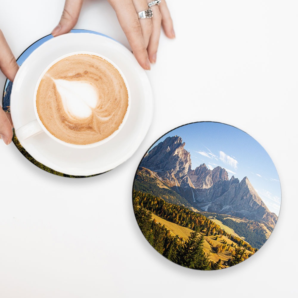 round coasters with cup of coffee