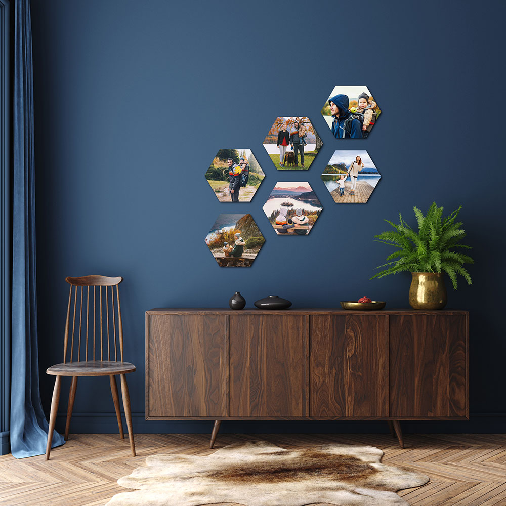 showing a living room with the wall tiles displayed above the table