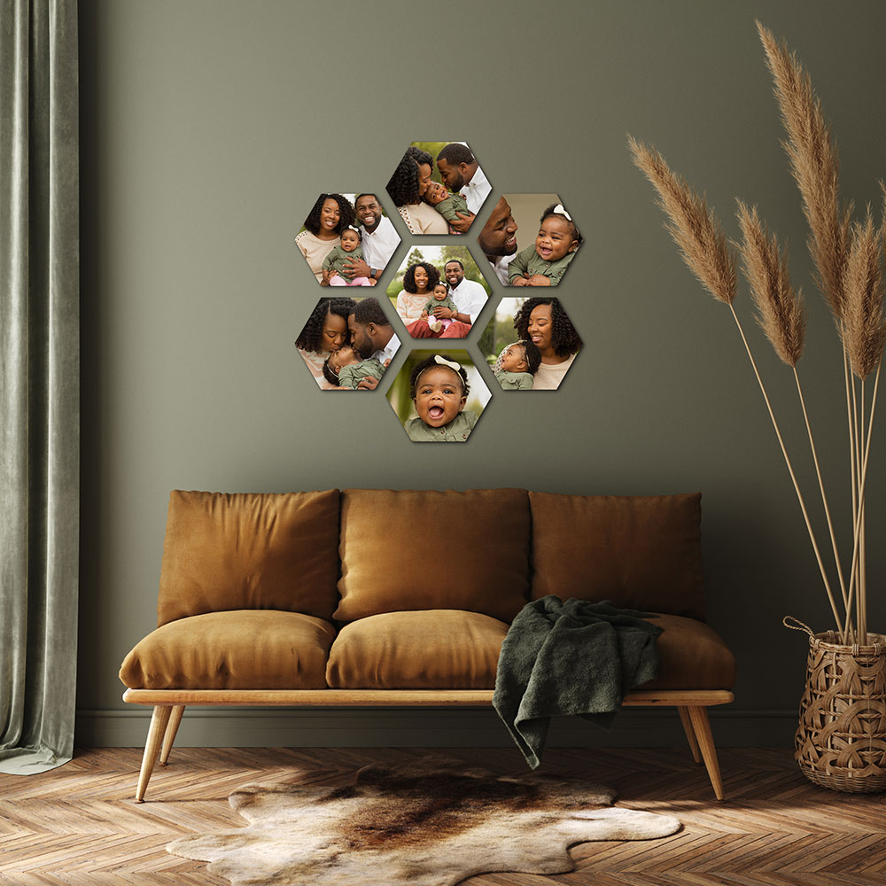 showing a living room with the wall tiles displayed above the couch