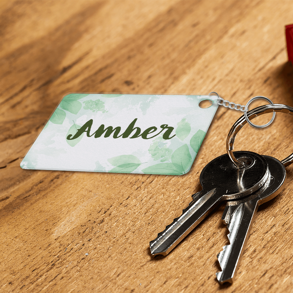 Keys with personalized keychain on table