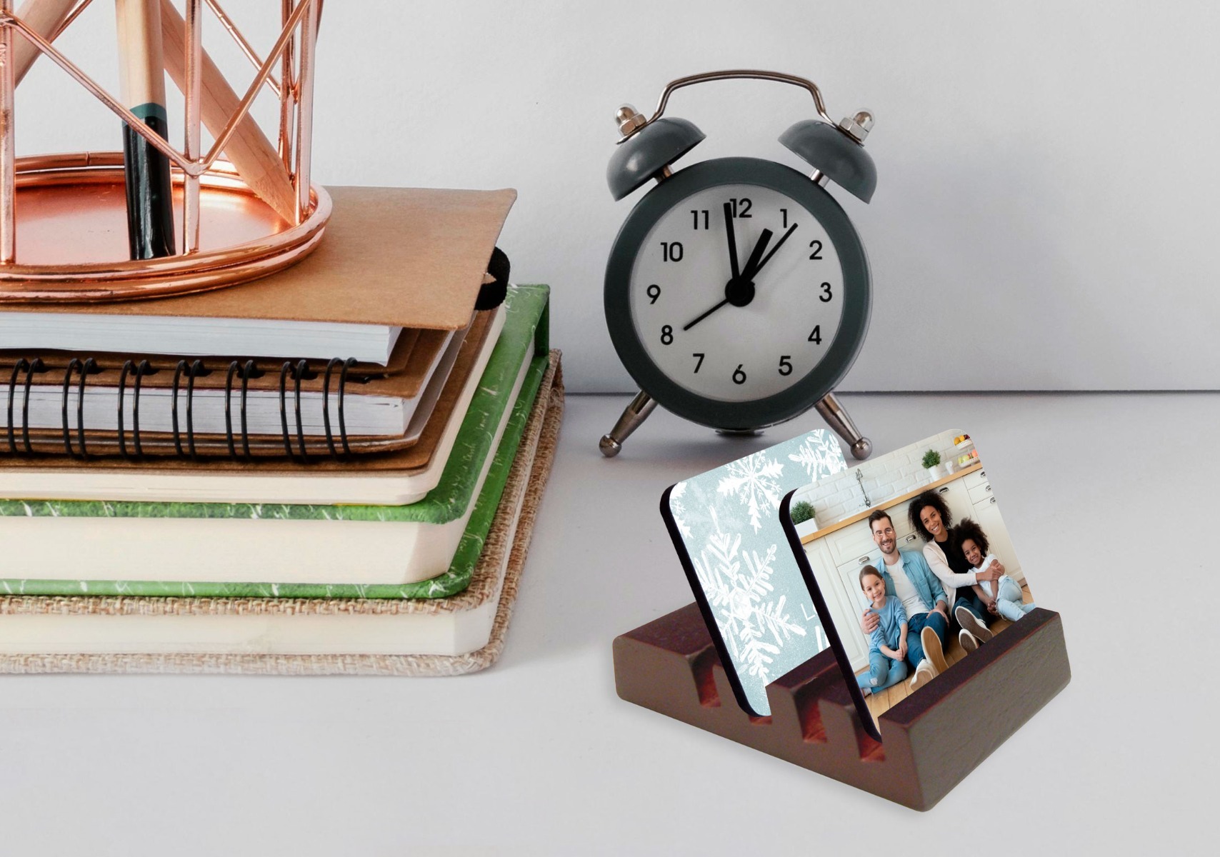 coaster holder with coasters on table
