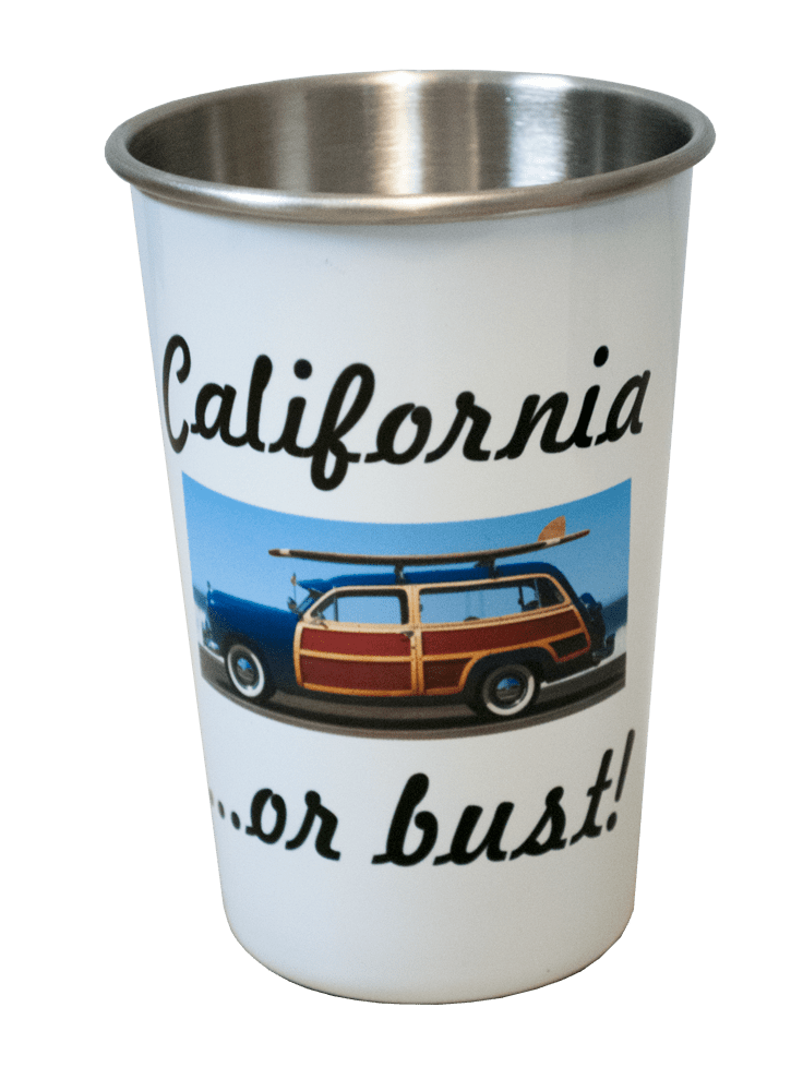 Stainless steel pint glass with California...or bust! design