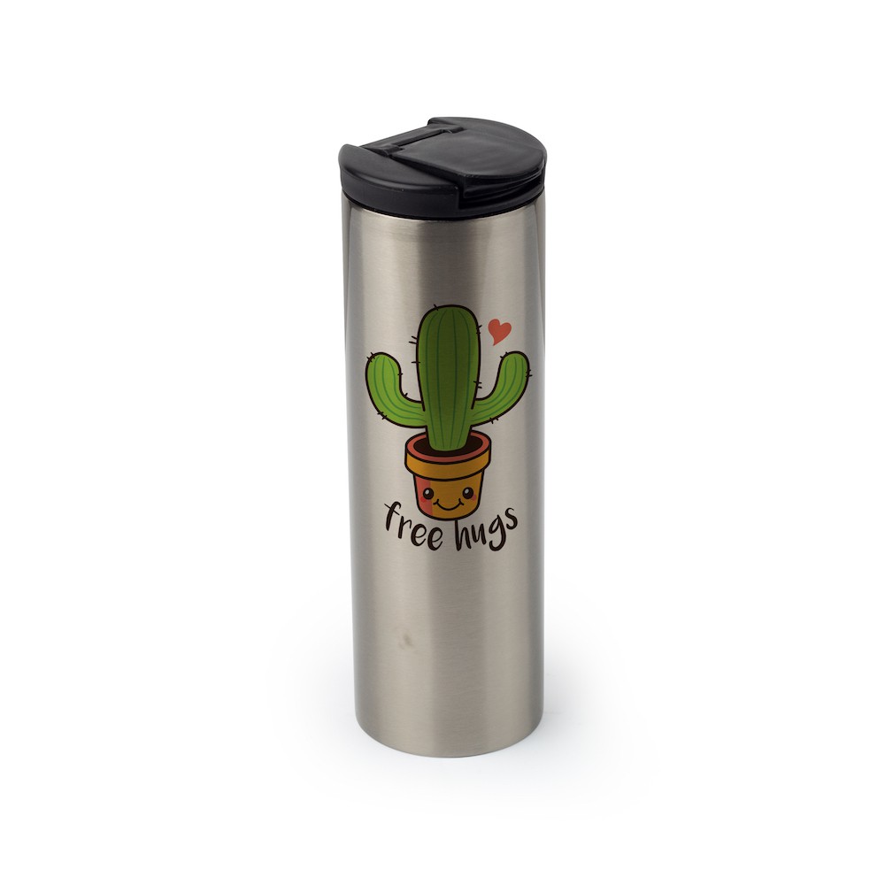 Stainless steel flask bottle with Free Hugs cactus design