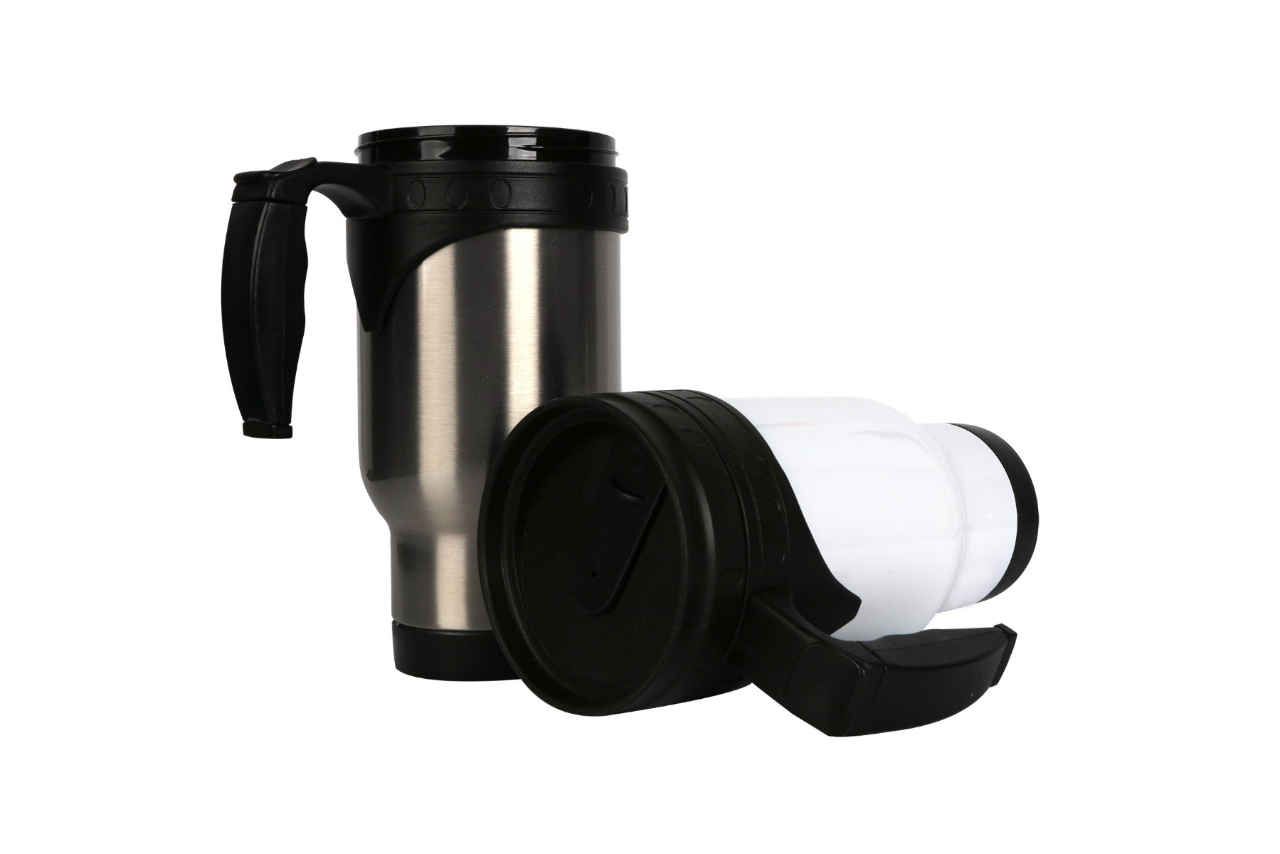 stainless steel travel mug next to white stainless steel travel mug