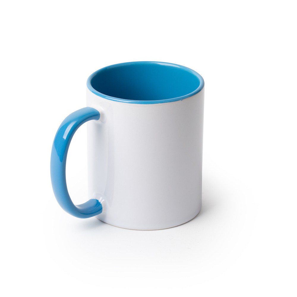 white mug with light blue handle and light blue inside