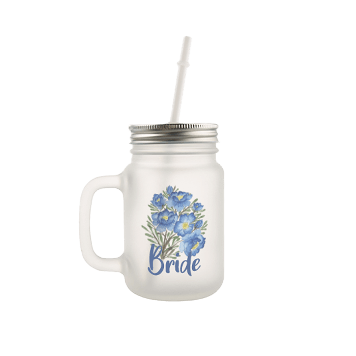 frosted glass mason jar with lid and straw personalized with "bride" and blue flowers