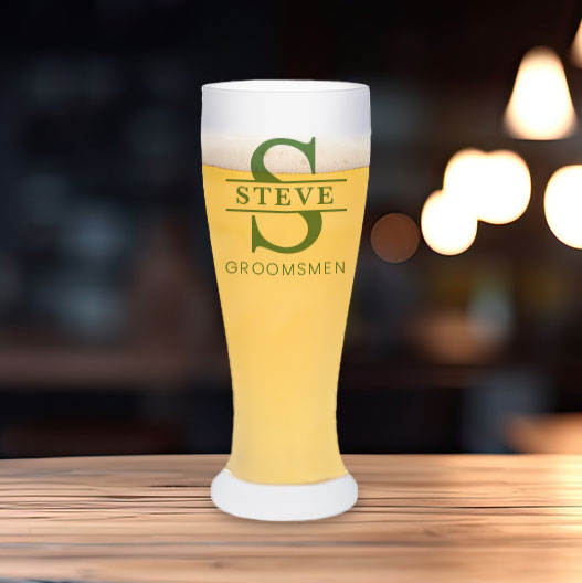 Frosted pilsner glass with Steve Groomsman design sublimated