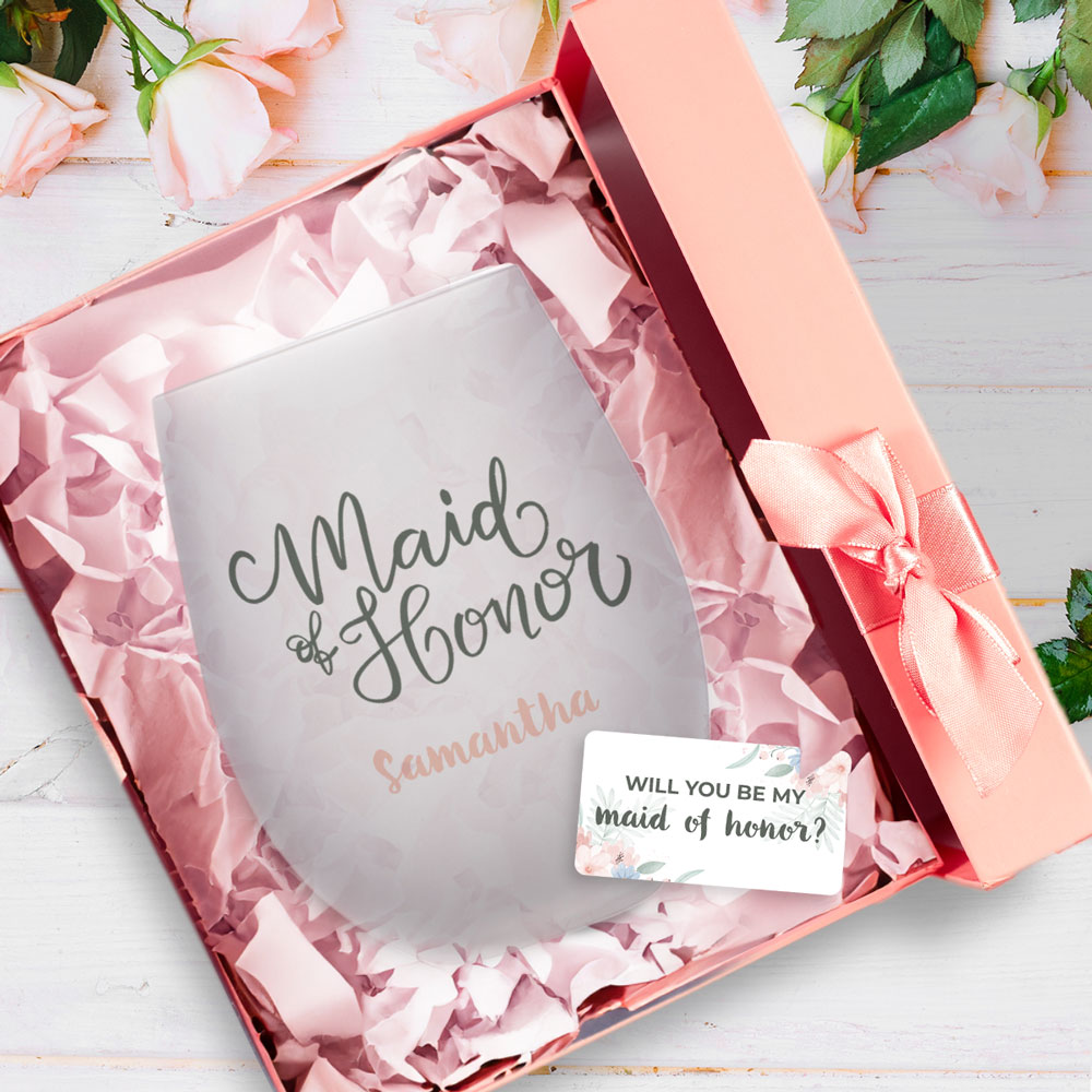 Maid of Honor wine glass in box with "will you be my maid of honor?" tag