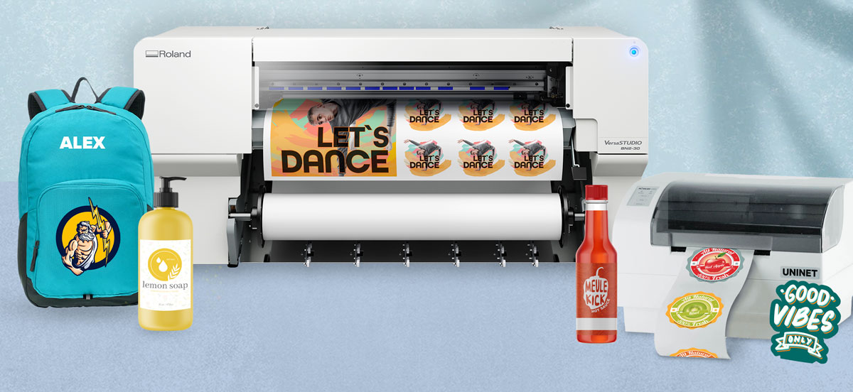 Roland BN2-30 and IColor 250 label printers with samples