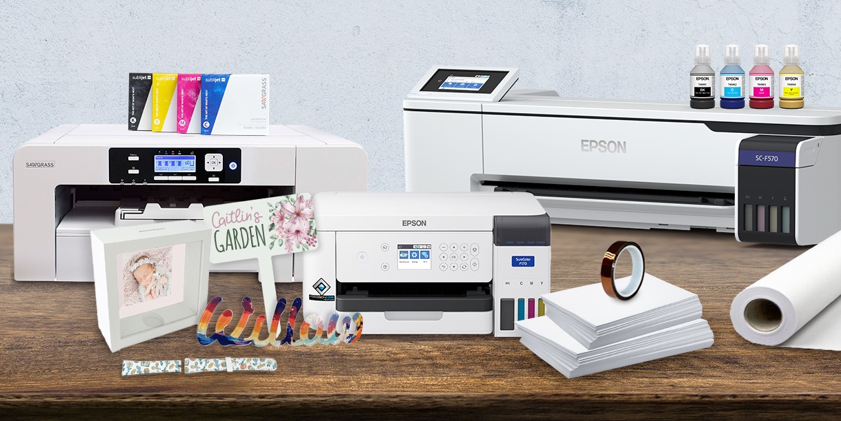 Sublimation printers with paper supplies and products