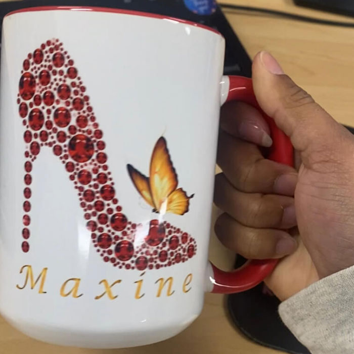 finished red inner color mug with maxine shoe design