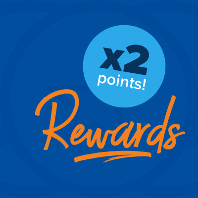Rewards logo with blue bubble that says x2 points