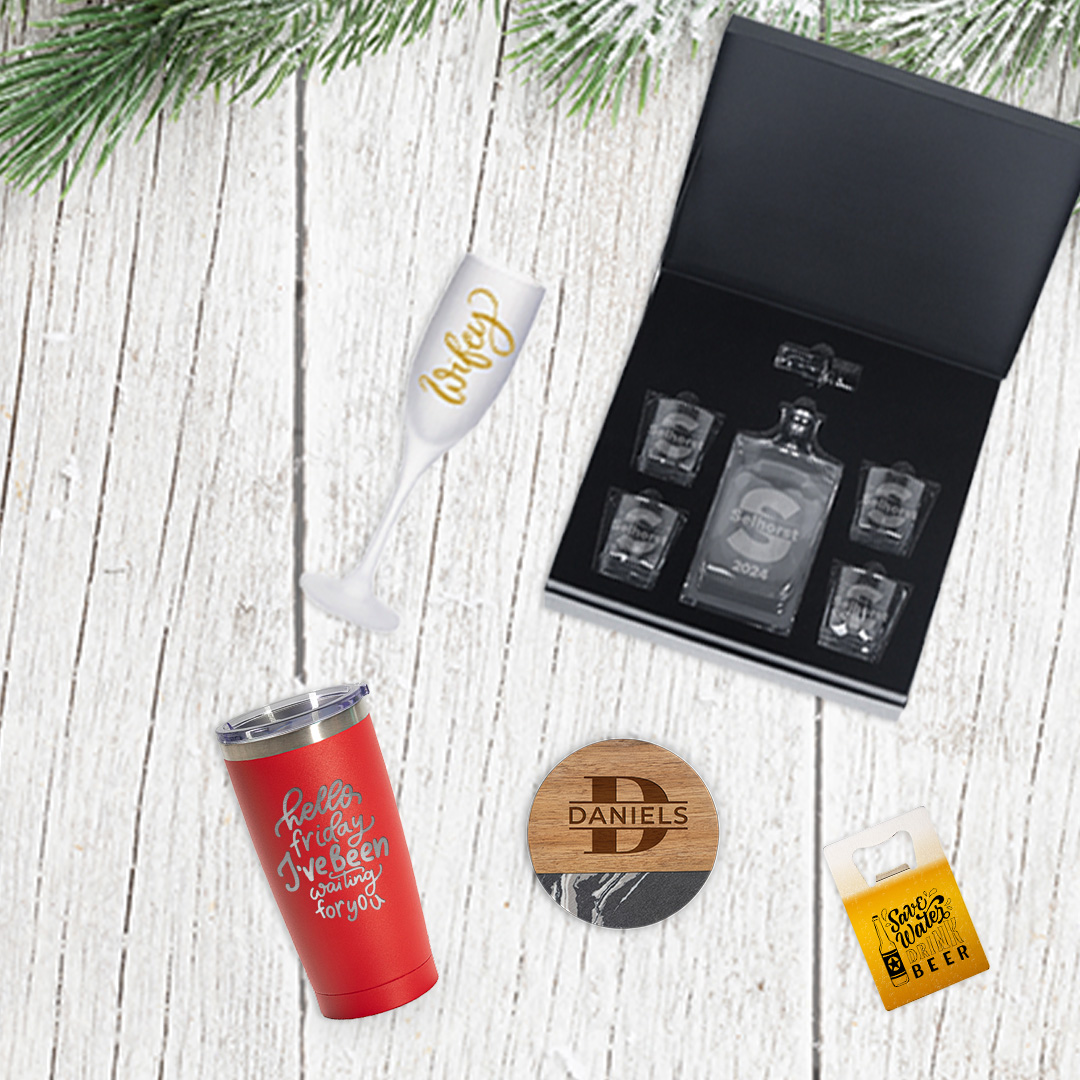 Holiday themed background image with fabricated holiday drinkware products