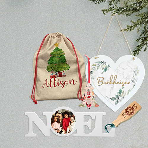 Holiday themed background image with fabricated holiday gift products