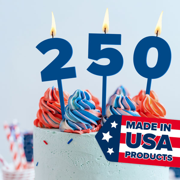 Patriotic birthday cake with 250 candles and tag with text "Made in USA products"