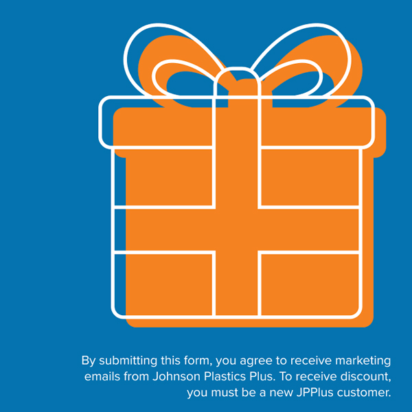blue background with an orange gift box. disclaimer text that says By submitting this form, you agree to receive marketing emails from Johnson Plastics Plus. To receive discount, you must be a new JPPlus customer.