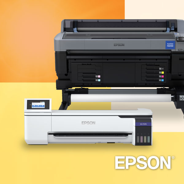 yellow, orange and tan background with the Epson F570 & Epson F6470H sublimation printers and the Epson logo