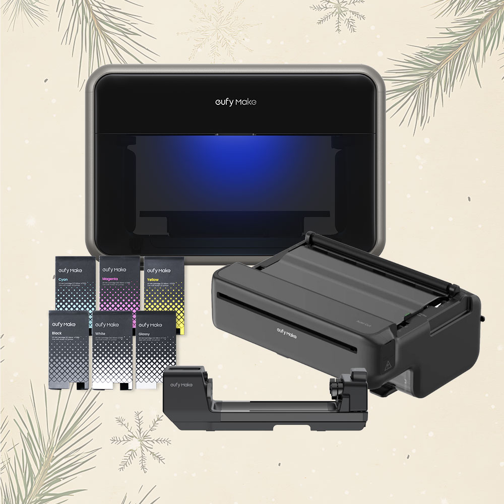 eufyMake UV printer, ink and various attachments on a holiday background